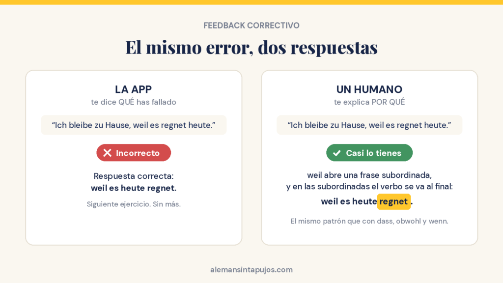 Diferencia entre el feedback de una app y la explicación de un humano ante el mismo error en alemán con weil